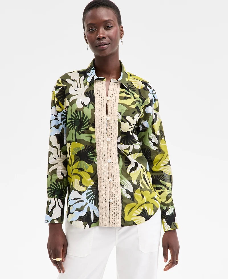 On 34th Women's Leaf-Print Crochet-Trim Shirt, Exclusively at Macy's