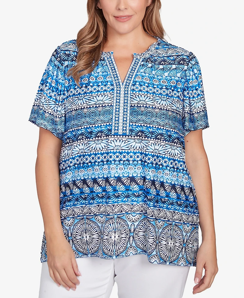 Ruby Rd. Plus Motif Stripe Embroidered Puff Print Top