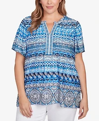 Ruby Rd. Plus Motif Stripe Embroidered Puff Print Top