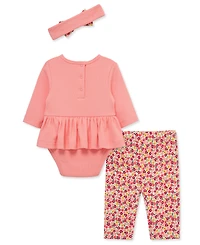 Little Me Baby Girls Cotton Apple Bodysuit, Pants & Headband Set