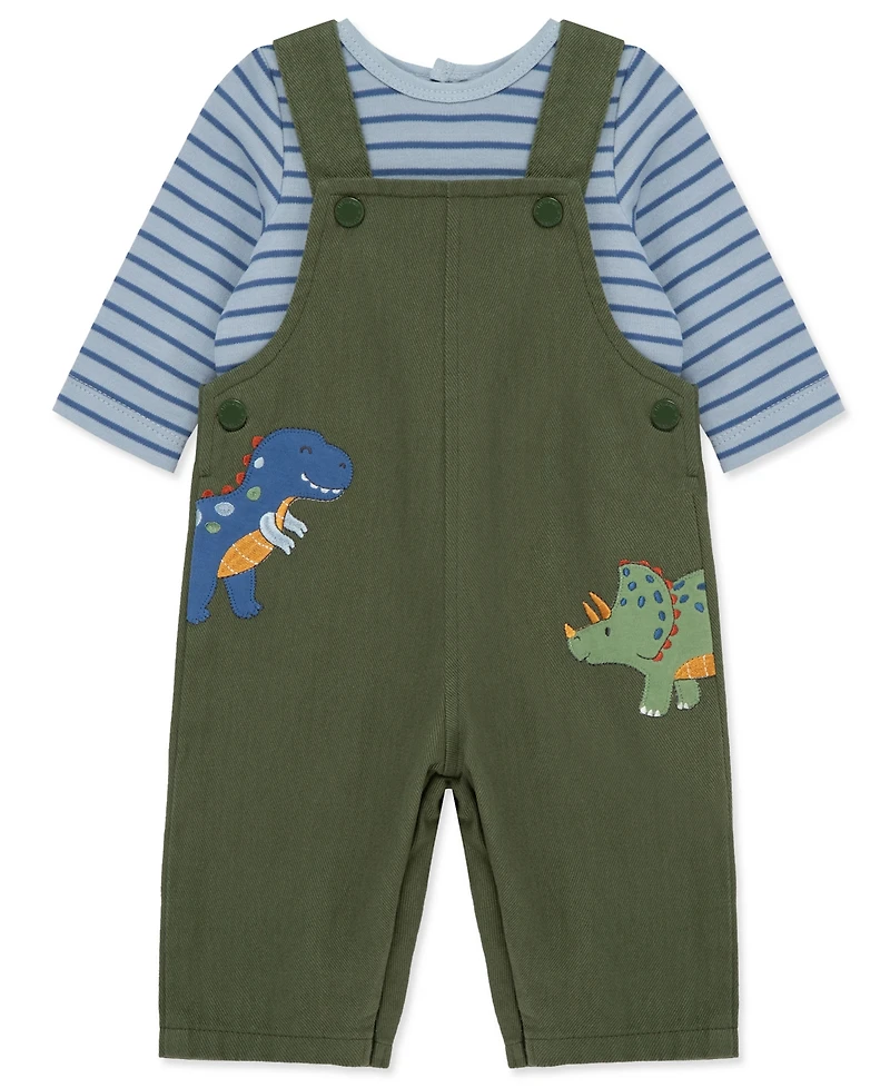 Little Me Baby Boys Cotton Striped T-Shirt & Dino Overalls Set
