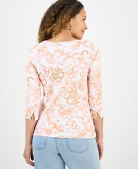Style & Co Petite Floral Print Pima Cotton 3/4-Sleeve Top, Exclusively at Macy's