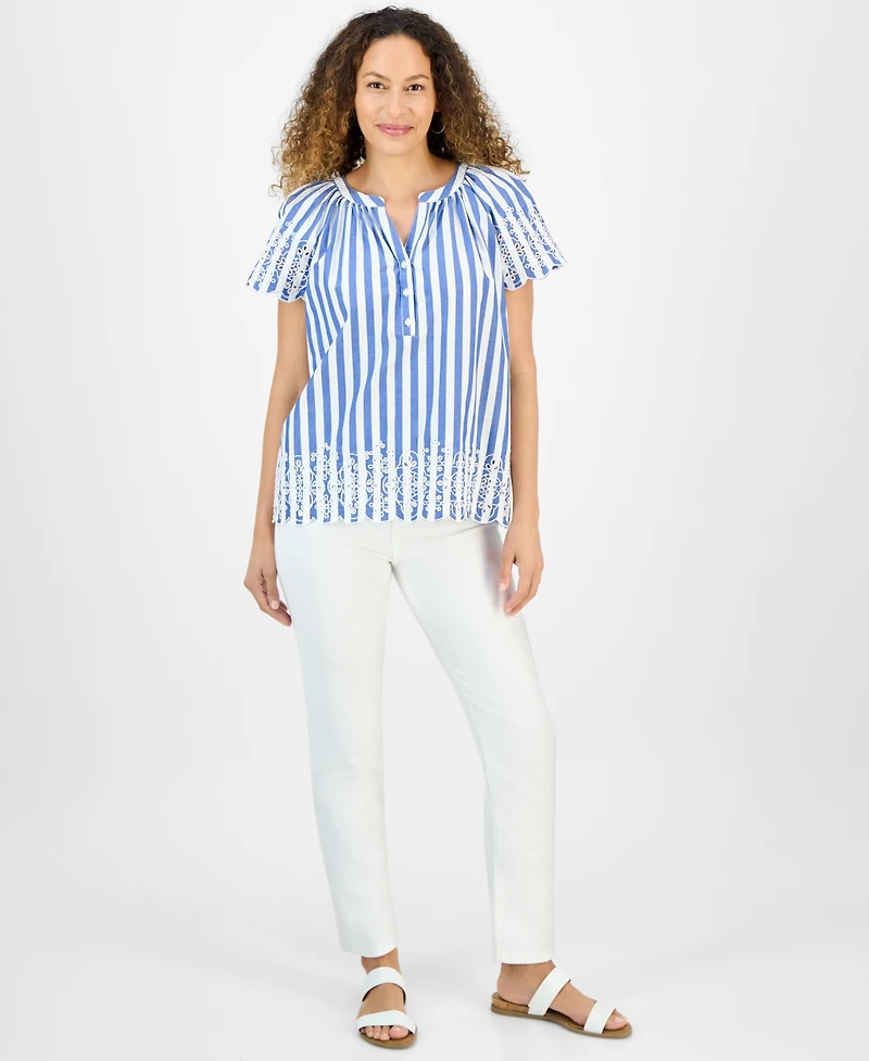 Style & Co Petite Eyelet Embroidered Cotton Flutter-Sleeve Top, Exclusively at Macy's