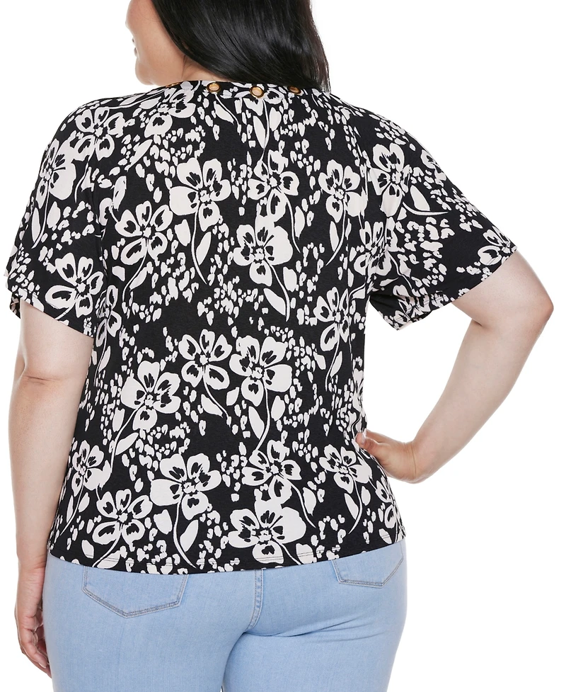 Belldini Plus Grommet Detail Floral Short Sleeve Knit Top