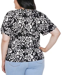 Belldini Plus Grommet Detail Floral Short Sleeve Knit Top