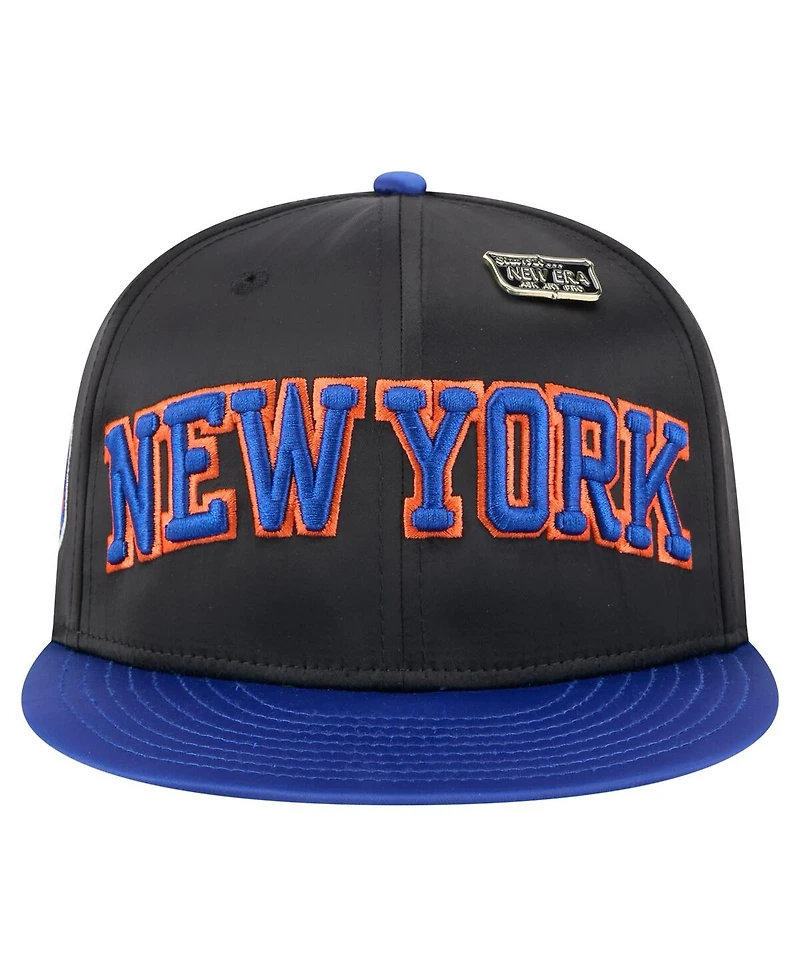 New Era Men's Black/Blue York Knicks Throwback Satin Vintage Pin Two-Tone 59FIFTY Fitted Hat