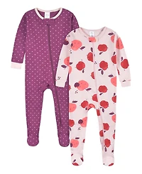 Gerber Baby Girls 4-Pack Snug Fit Footed Cotton Pajamas, Apple & Woodland Floral, 9M