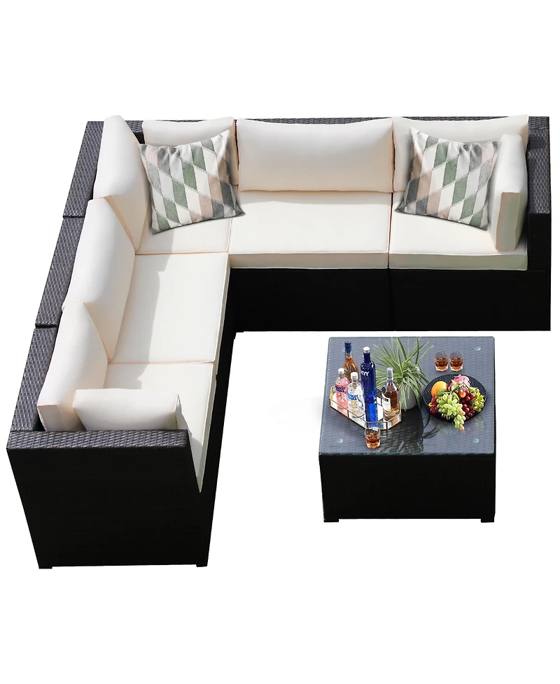 Gymax 6PCS Rattan Patio Sectional Sofa Conversation Set Outdoor w/ Beige Cushions