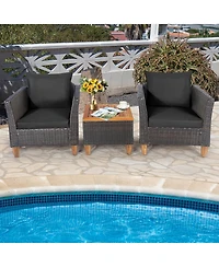 Gymax 3PCS Patio Furniture Set Conversation Bistro Set w/ Acacia Wood & Cushions Black