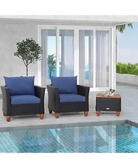 Gymax 3PCS Patio Rattan Conversation Furniture Set Yard Outdoor w/ Navy Cushions
