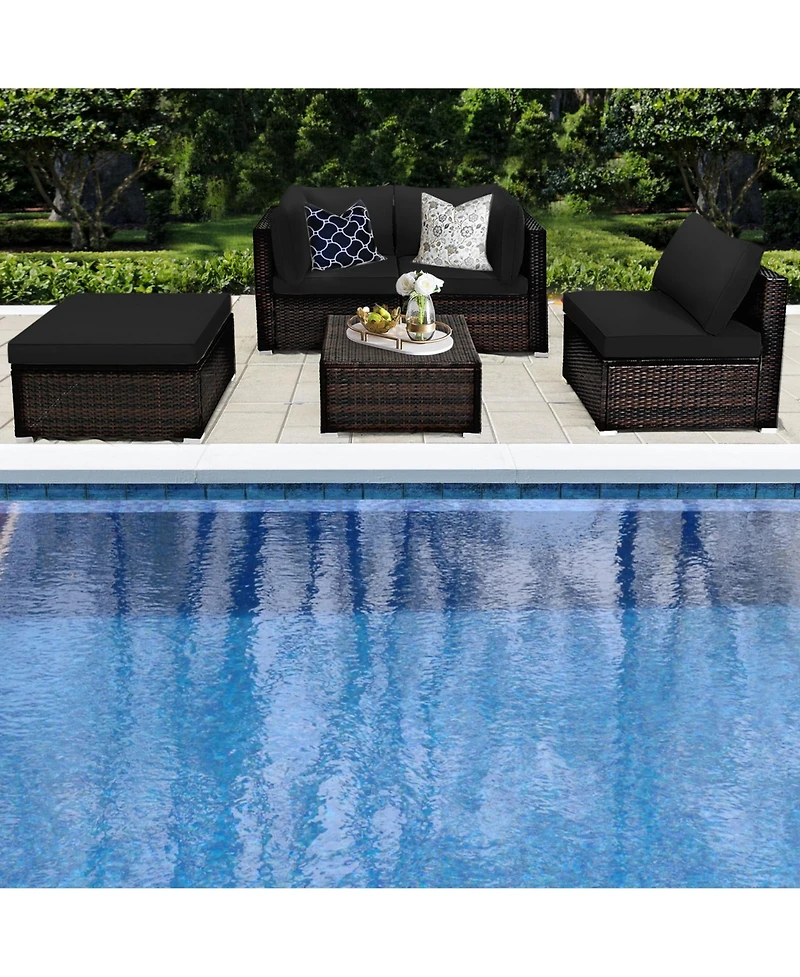 Gymax 5PCS Rattan Patio Conversation Set Outdoor Furniture Set w/ Black Cushions