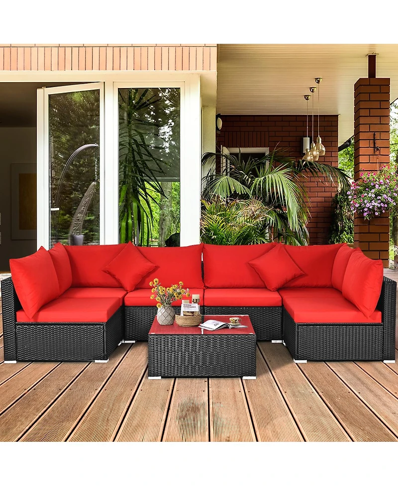 Gymax 7PCS Rattan Patio Conversation Set Sectional Furniture Set w/ Red Cushion