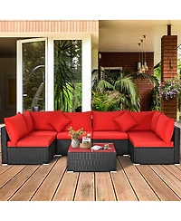 Gymax 7PCS Rattan Patio Conversation Set Sectional Furniture Set w/ Red Cushion