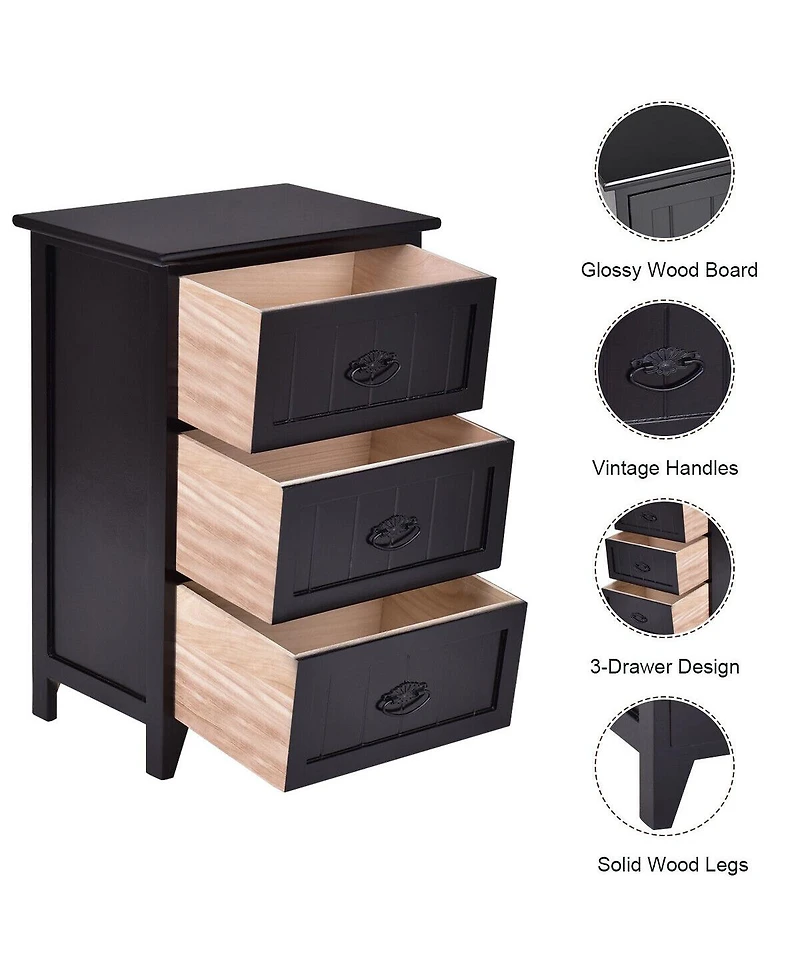 Gymax 2 Pcs 3 Drawers Nightstands End Table Storage Wood Side Bedside