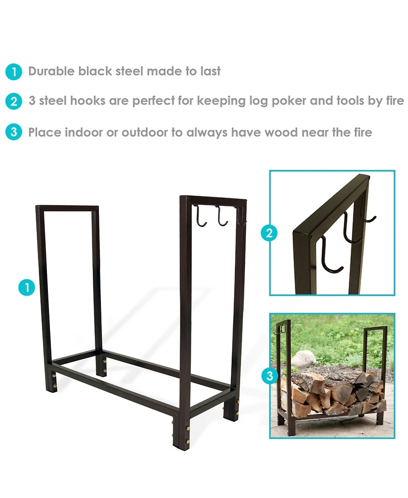Indoor/Outdoor Steel Fire Pit or Fireplace Firewood Log Rack Holder with Hooks - 30"