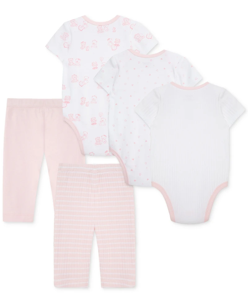 Little Me Baby Girls Cotton Bears Bodysuits & Pants, 5 Piece Set