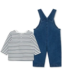Little Me Baby Boys Striped T-Shirt & Safari Woven Denim Overall, 2 Piece Set