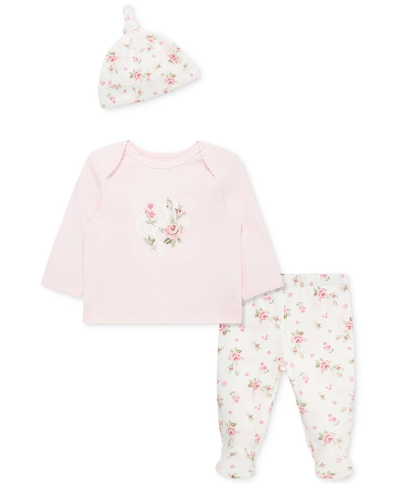 Little Me Baby Girls Cotton Lace Floral Top, Hat & Footed Pants, 3 Piece Set