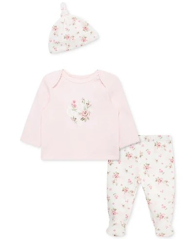 Little Me Baby Girls Cotton Lace Floral Top, Hat & Footed Pants, 3 Piece Set