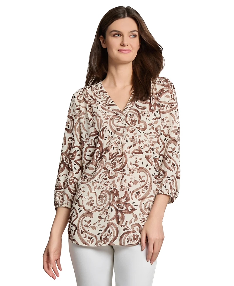 Jones New York Petite Printed V-Neck 3/4-Sleeve Blouse