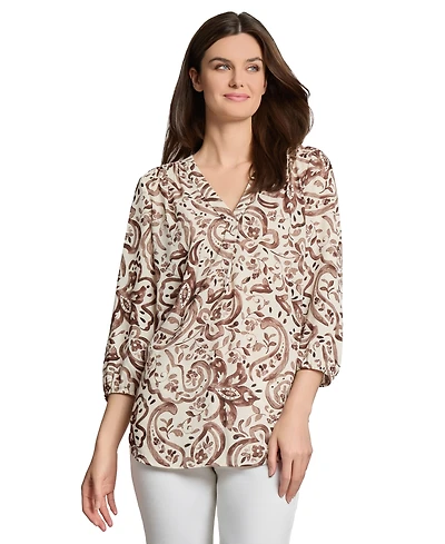 Jones New York Petite Printed V-Neck 3/4-Sleeve Blouse