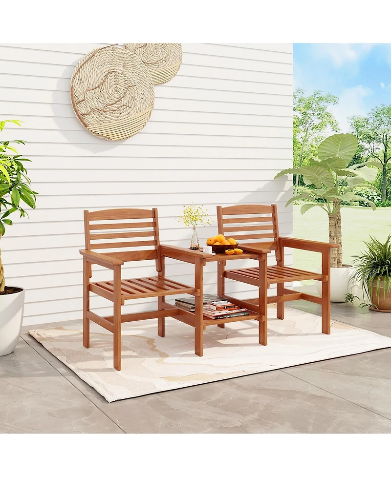 Gymax Outdoor Patio Loveseat w/ Coffee Table & Umbrella Hole for Garden Poolside
