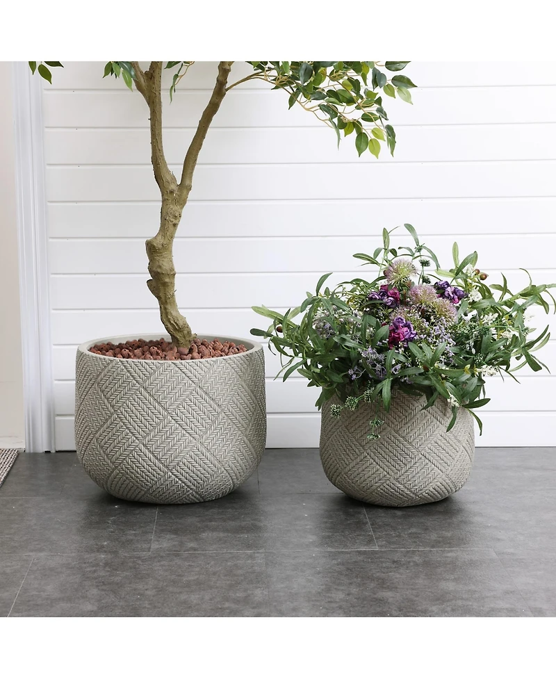 LuxenHome Misty Gray Glen Pattern 13.6-Inch Tall MgO Round Planter, Indoor and Outdoor