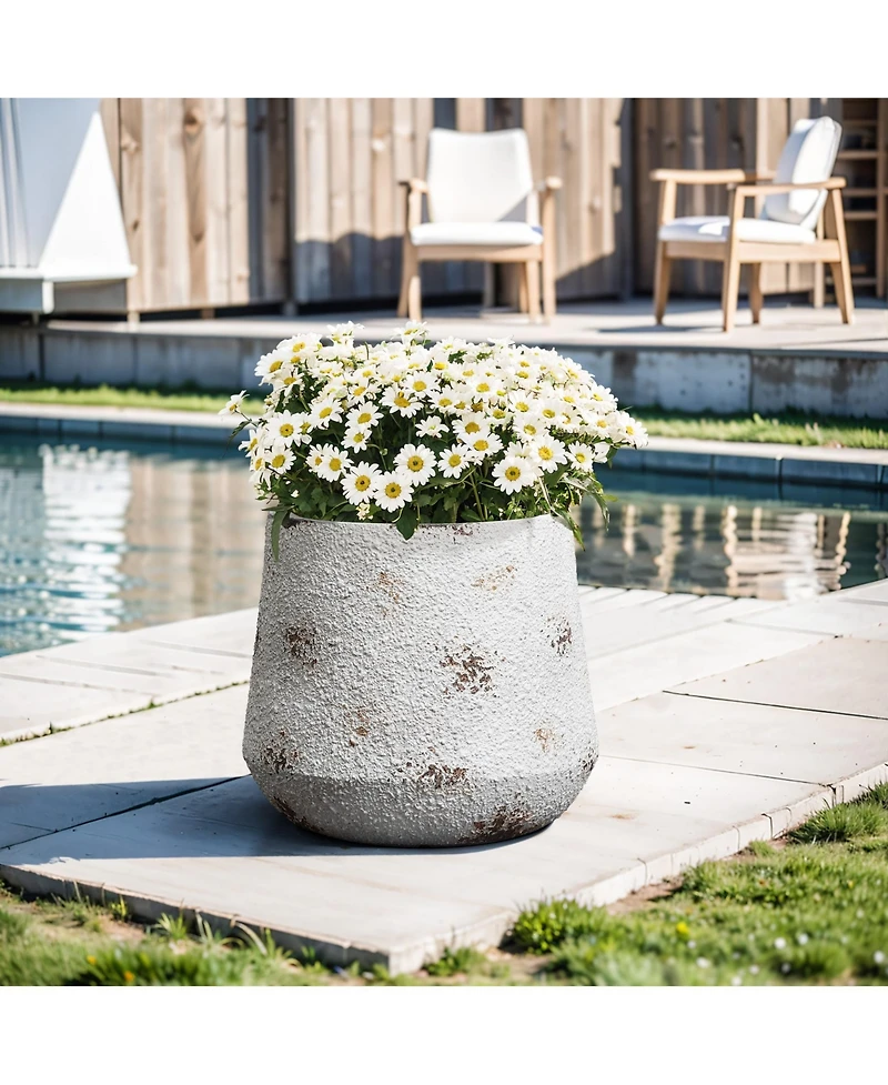 LuxenHome Rustic Off White with Brown Accents 15.6-Inch Tall Round MgO Planter