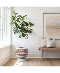 LuxenHome Boho White with Brown Accents 11-Inch Round MgO Planter