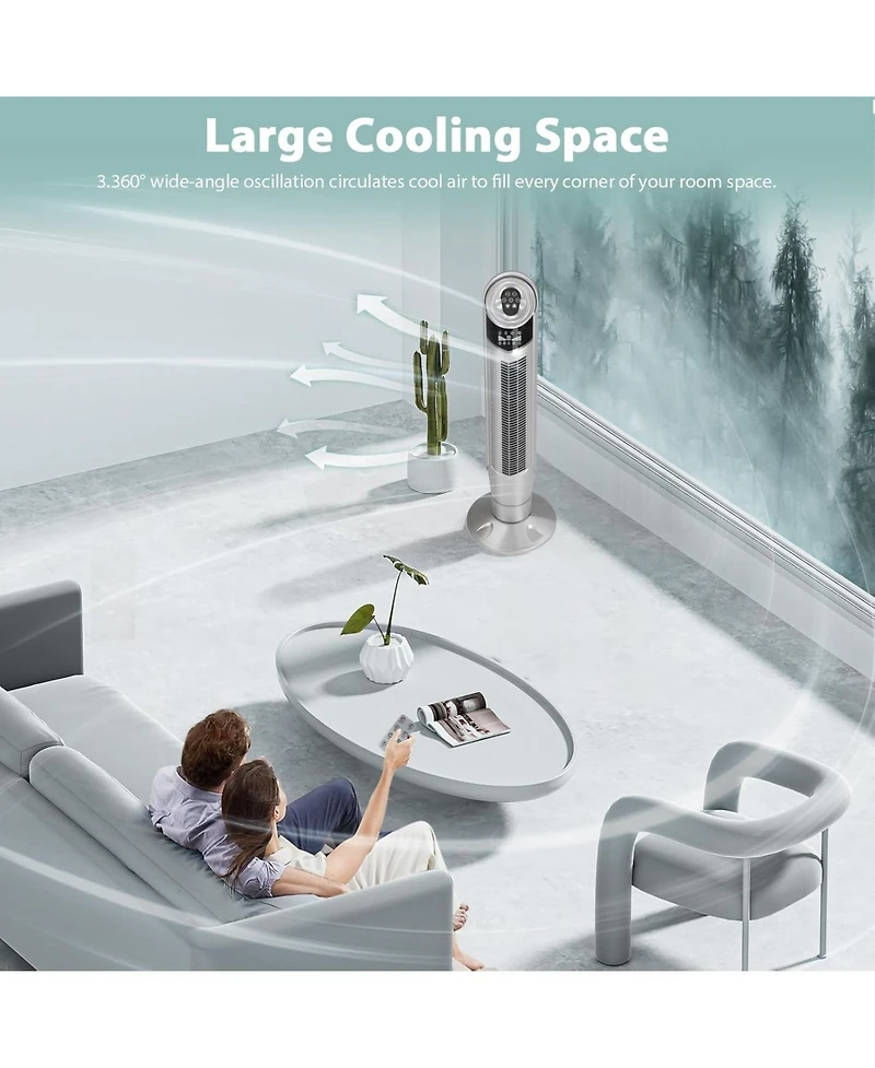 Cowsar Tower Fan 360°Oscillating Fan Quiet Cooling 24H Timer Remote Control Powerful Standing 8 Wind Speed 3 Wind Modes Ionizer Mode Bladeless Po