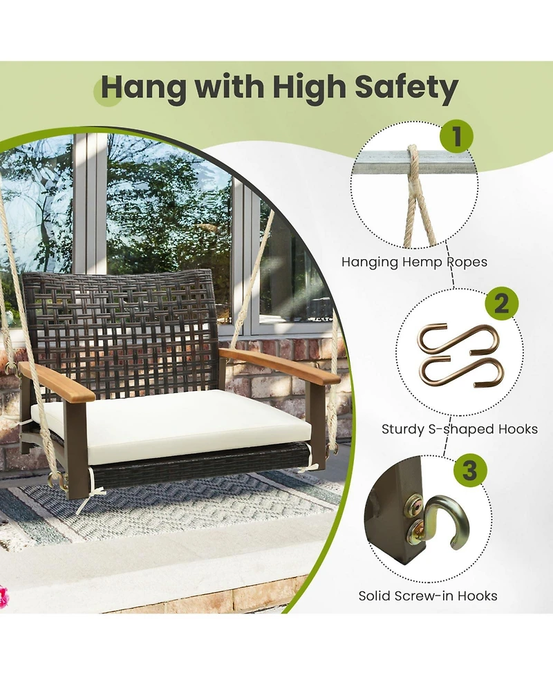 Single Rattan Porch Swing with Armrests Cushion and Hanging Ropes