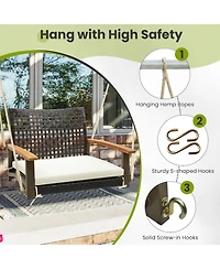 Single Rattan Porch Swing with Armrests Cushion and Hanging Ropes
