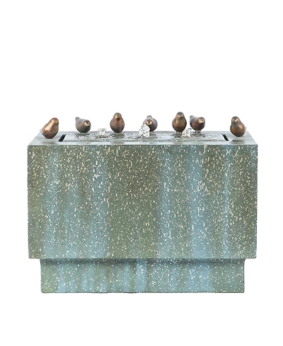 LuxenHome Patina Gray/Green Resin Rectangular Bubbler Outdoor Fountain with Led Lights and Bronze Birds
