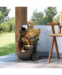 LuxenHome Puppy Friends Farmhouse Resin Outdoor Fountain with Lights
