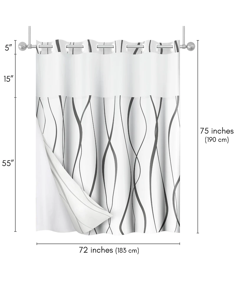 Americanflat 72x75 Hookless Shower Curtain - Gray Abstract Curve Lines Shower Curtain with Sheer Panel, Snap-In Liner, and Grommets - 100% Polyester