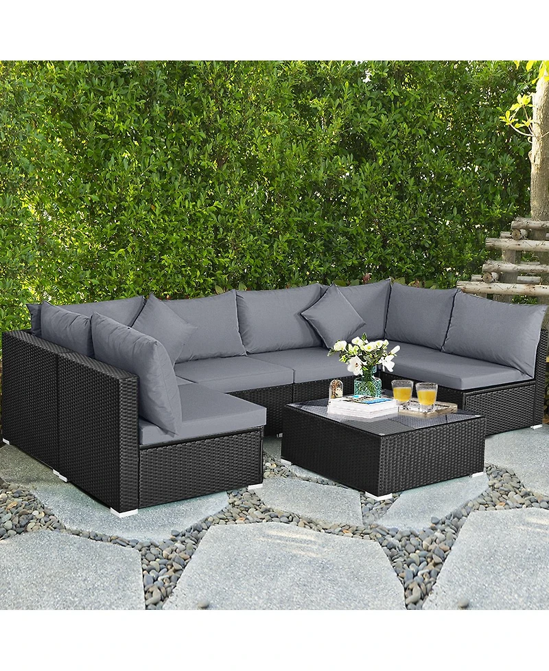 7 Pieces Sectional Wicker Furniture Sofa Set with Tempered Glass Top Coffee Table