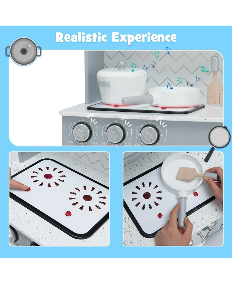 Pretend Play Kitchen Wooden Toy Set for Kids with Realistic Light and Sound