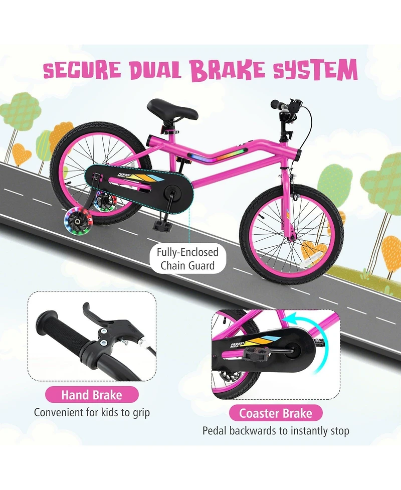 18 Inch Led Lighted Kids Bike with Training Wheels and Headlight for Ages 4-8 Years
