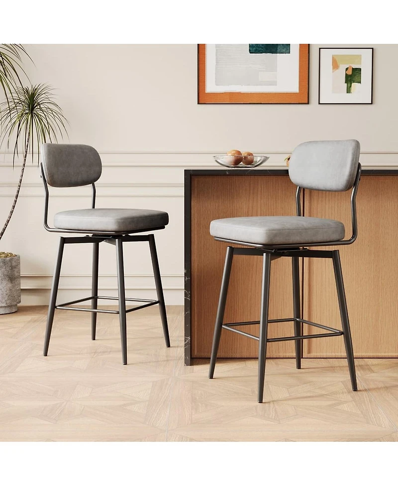 Set of Two Swivel Bar Stools with Leather Cushions, Metal Frame, Modern 360° Counter Height Chairs for Kitchen or Restaurant-The Pop Home