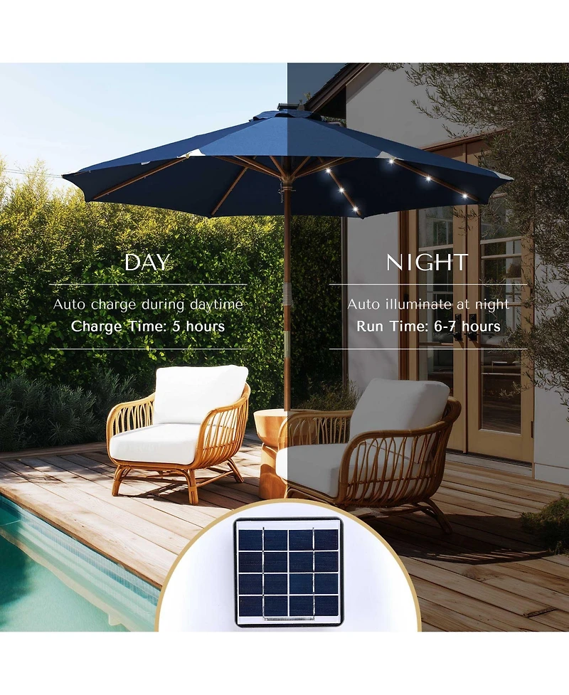LAGarden Boho 32 Led 9Ft Wood Market Patio Umbrella with Solar Lights for Bar Hotel Resort Alfresco Dining Rooftop Restauran Navy Blue