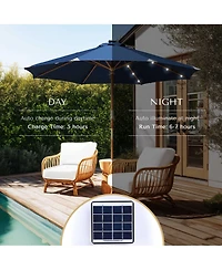 LAGarden Boho 32 Led 9Ft Wood Market Patio Umbrella with Solar Lights for Bar Hotel Resort Alfresco Dining Rooftop Restauran Navy Blue