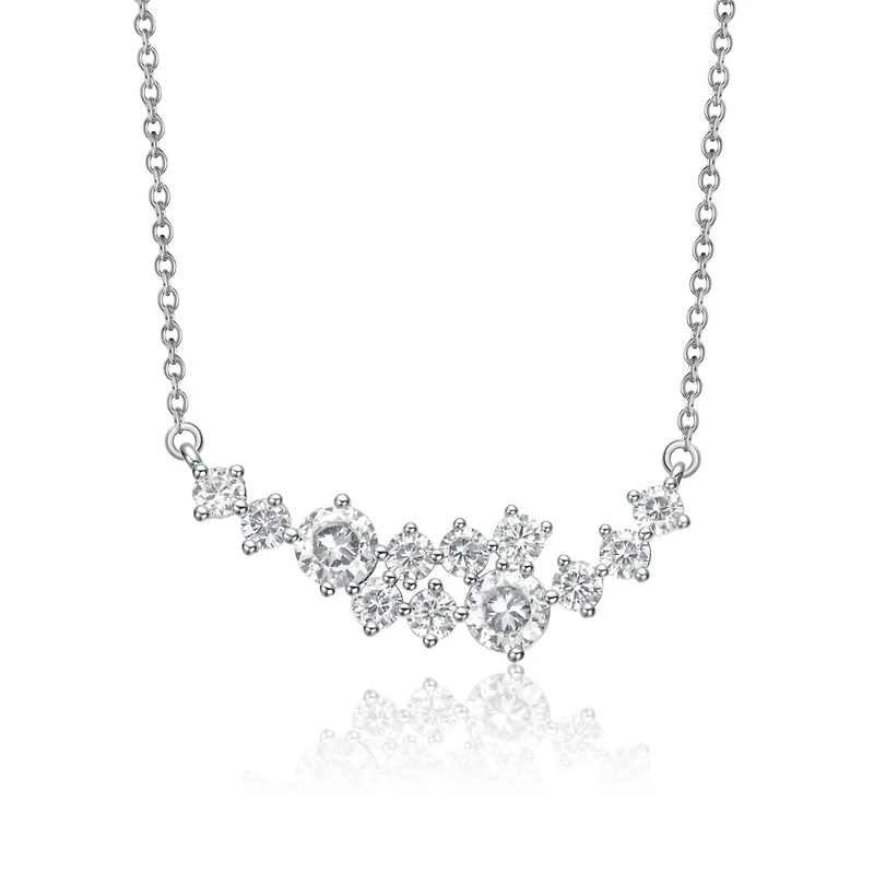 Sterling Silver White Gold Plated with Clear Moissanite Graduated Cluster Necklace