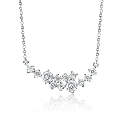 Sterling Silver White Gold Plated with Clear Moissanite Graduated Cluster Necklace