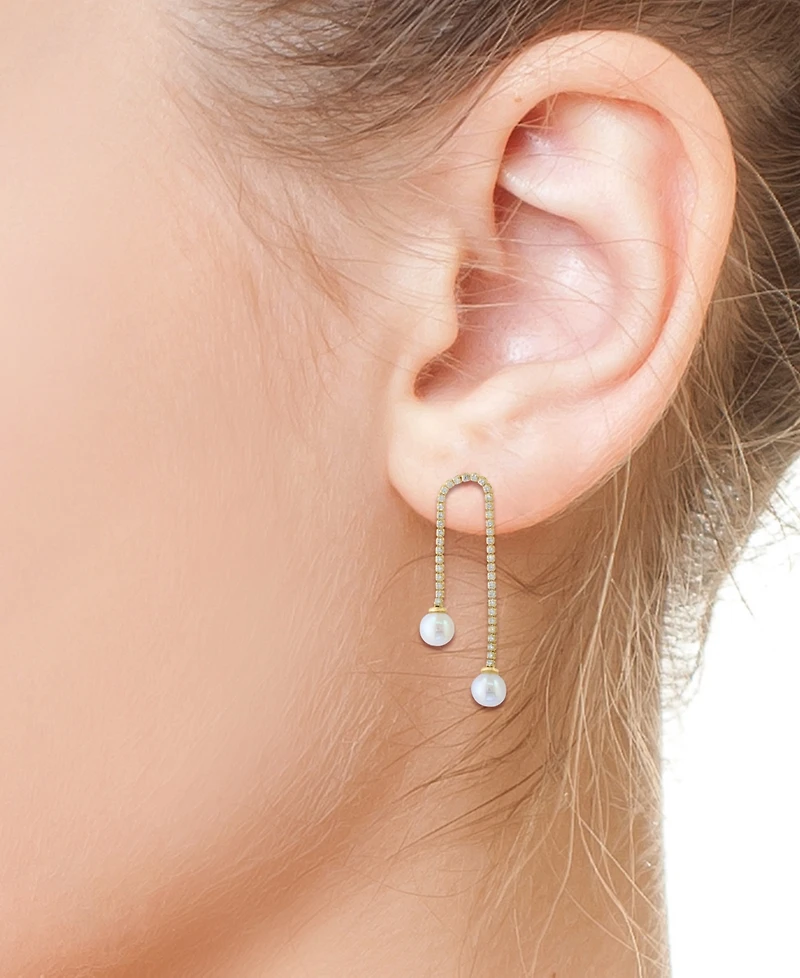 Effy Cultured Freshwater Pearl (7mm) & White Zircon (1-1/6 ct. t.w.) Chain Drop Earrings in 14k Gold