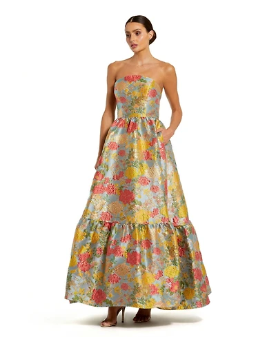 Mac Duggal Women's Strapless Brocade Floral Gown With Ruffle Hem