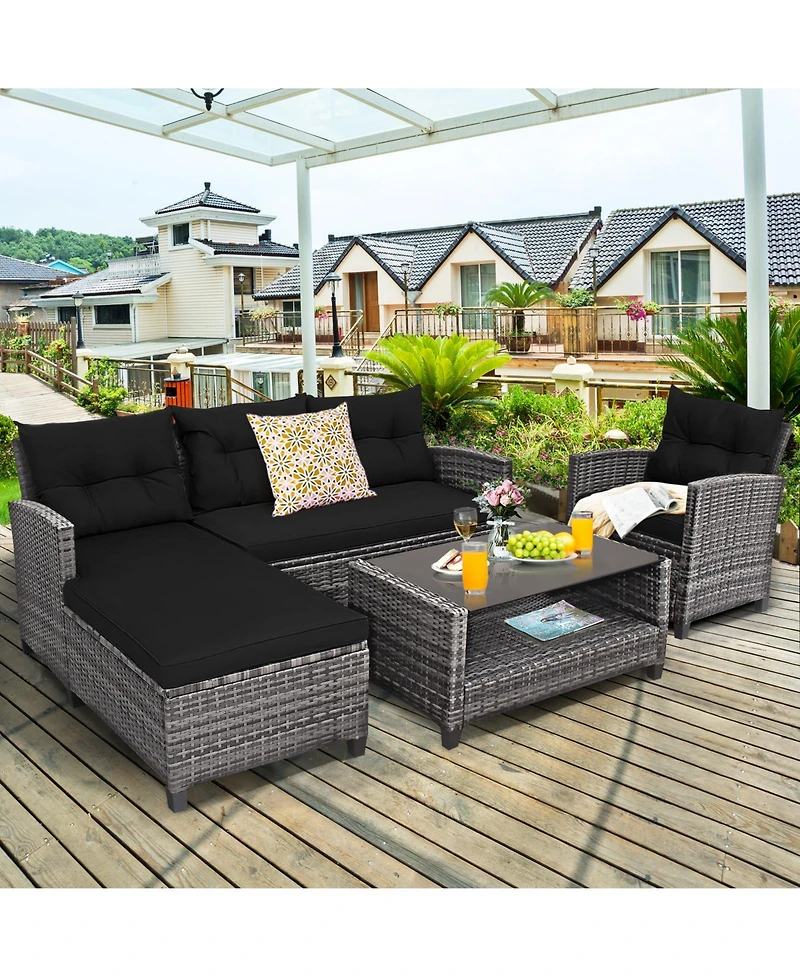 4 Pieces Patio Rattan Sofa Furniture Set with Cushion and 2-Tier Coffee Table