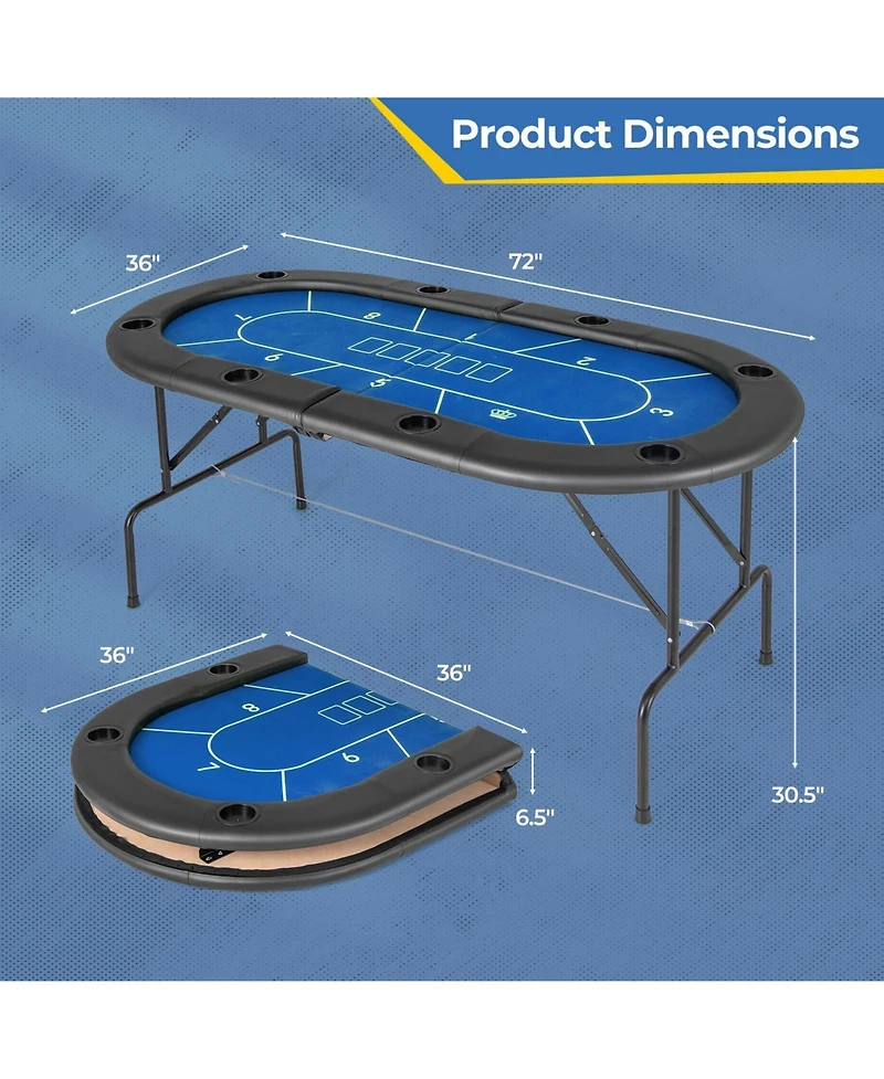 72 x 36 30.5 Inch Foldable Poker Table with 8 Cup Holders