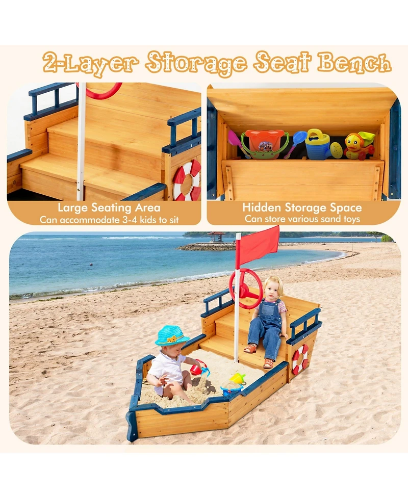 Kids Pirate Boat Wooden Sandbox Children Outdoor Playset