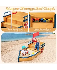 Kids Pirate Boat Wooden Sandbox Children Outdoor Playset