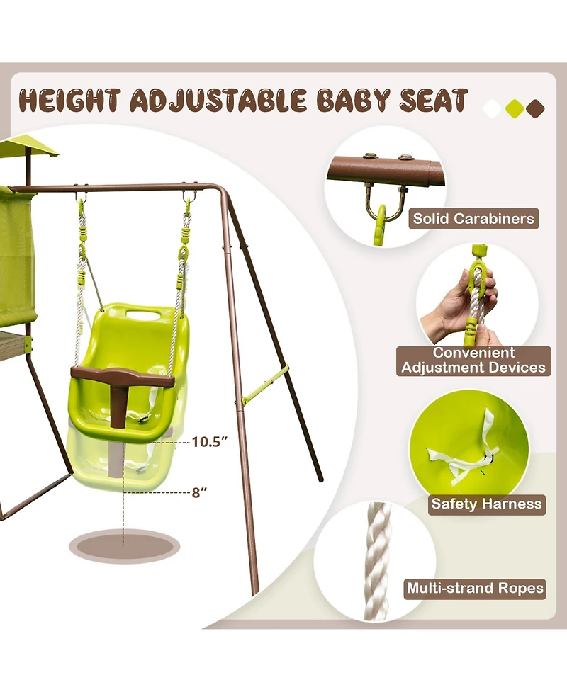 4-in-1 Swing Set with Covered Playhouse Fort and Height Adjustable Baby Seat